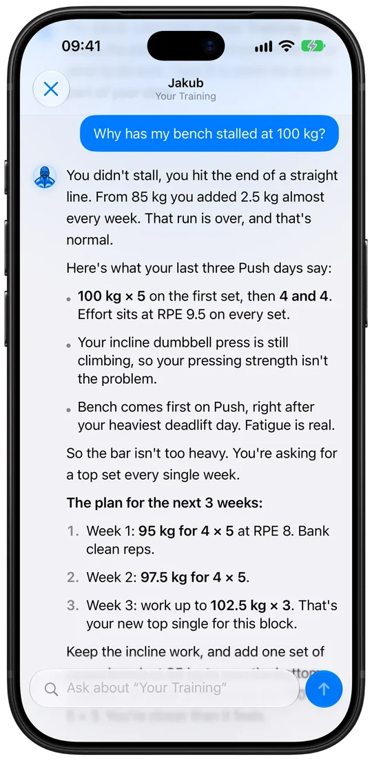 Asking Jakub in Athleon why bench press has stalled at 100 kg, with an answer built from the logged sets